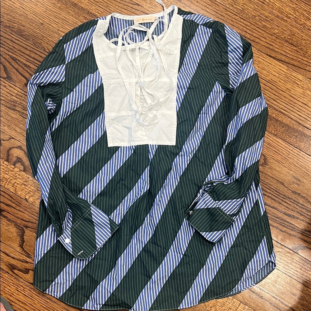 Tory Burch Blue and Green Striped Top with White Trim